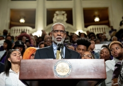 April 30, 2019: Senator Haywood participates in a rally for Policy Accountability in the capitol rotunda.