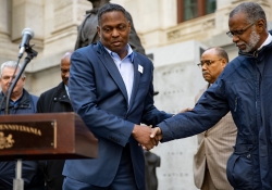 October 25, 2018: Sen. Art Haywood  joined fellow Democratic Leaders outside of City Hall on the SW Corner in front of the Octavius V. Catto statue for an emergency news conference calling for peace following the bomb threats were made on the lives of former Presidents Obama and Clinton, as well as former Vice President Joe Biden, Rep. Maxine Waters, and news outlet CNN and others.