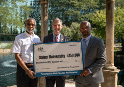 August 24, 2021: State Senator Art Haywood  joined Dr. Michael H. Mittelman, President of Salus University, for a check presentation and press conference.  Salus University received a $750,000 grant from the Redevelopment Assistance Capital Program (RACP) in 2020 to construct an Orthotics and Prosthetics Facility.
