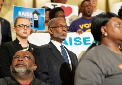 June 17, 2019 – Senator Haywood attends a rally  to call for a $15 minimum wage in Pennsylvania. Teresa Miller, Secretary of the state Department of Human Services,  focused on how a wage increase would specifically help home care workers who care for the sick and aging.