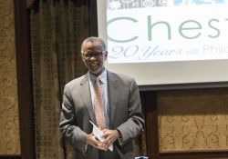 February 3, 2017: Senator Art Haywood presents the Chestnut Hill Business District with a check, made possible through a PA Department of Community and Economic Development grant program, that will go toward the improvement of pedestrian lighting and safety in the commercial corridor.