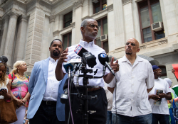 June 28, 2021:  Senators Art Haywood, Vincent Hughes, Senator Sharif Street, District Attorney Larry Krasner (D-Philadelphia), the Black Clergy of Philadelphia, Philadelphia City Council members, and gun violence intervention advocates announce $30 million in gun violence intervention grants from the state budget.