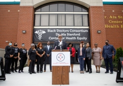 May 16, 2022 – Senator Art Haywood, Senator Vincent Hughes , and House Democratic Leader Joanna McClinton hosted a check presentation and press conference at the Dr. Ala Stanford Center for Health Equity (ASHE) in Philadelphia. They presented a $2.8 million check to the Pennsylvania School-Based Health Alliance for behavioral health services in school-based health centers and a $1 million check to the Black Doctors Consortium for health programs assistance and continued growth.