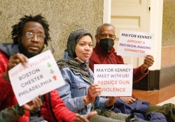 April 18, 2022:  State Senator Art Haywood joined gun violence prevention advocates at City Hall to demand that Mayor Jim Kenney take six immediate actions to reduce gun violence in Philadelphia.